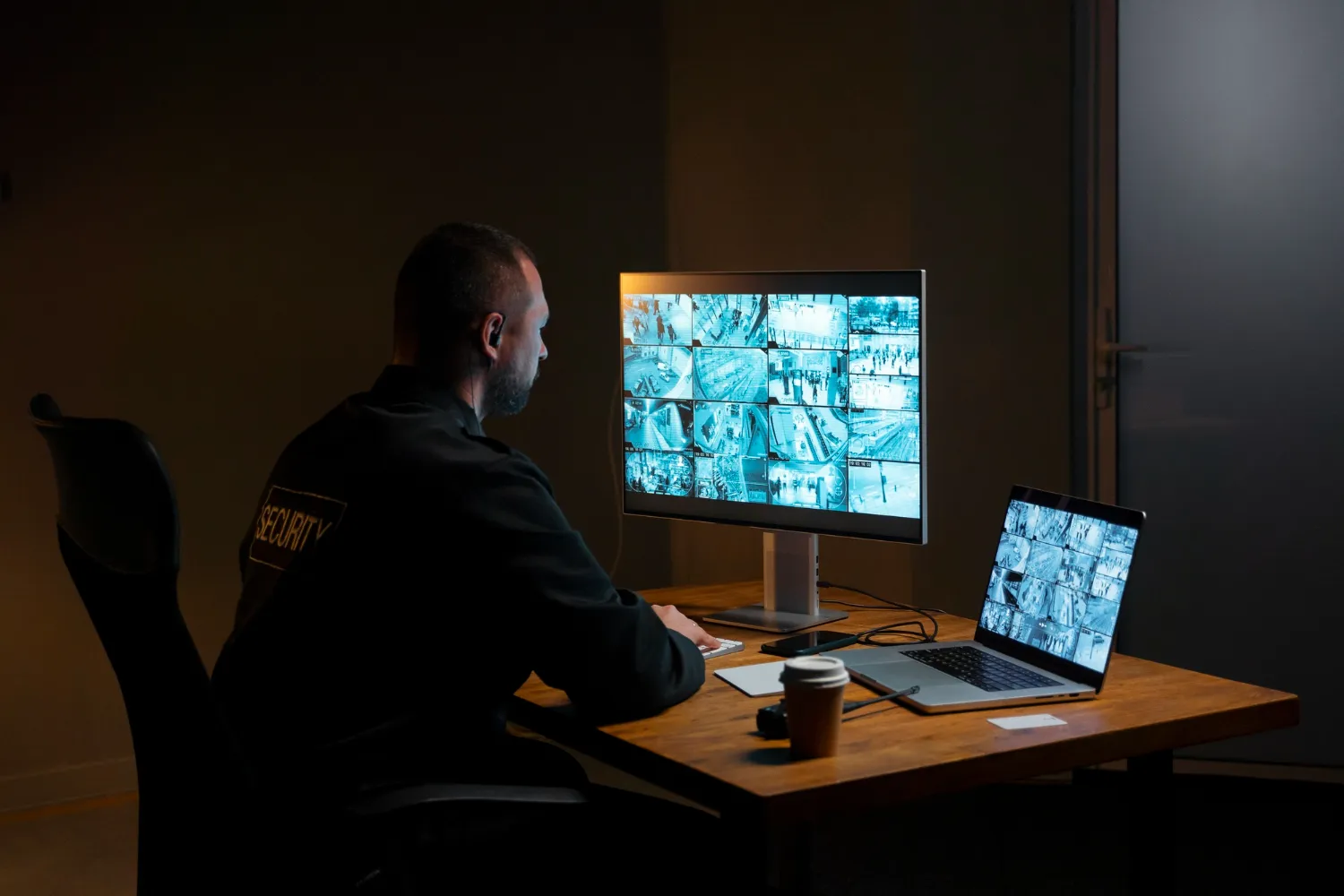 Sicherheitspersonal vor zwei Computer-Monitoren